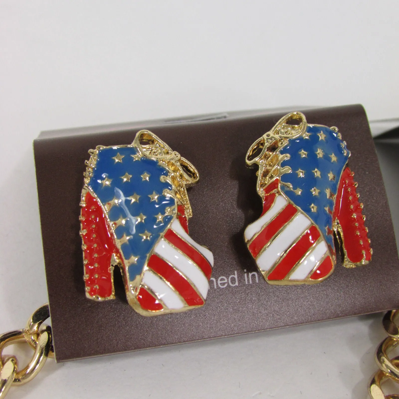 American USA Flag Patriotic Large Bootie Charm Short Necklace