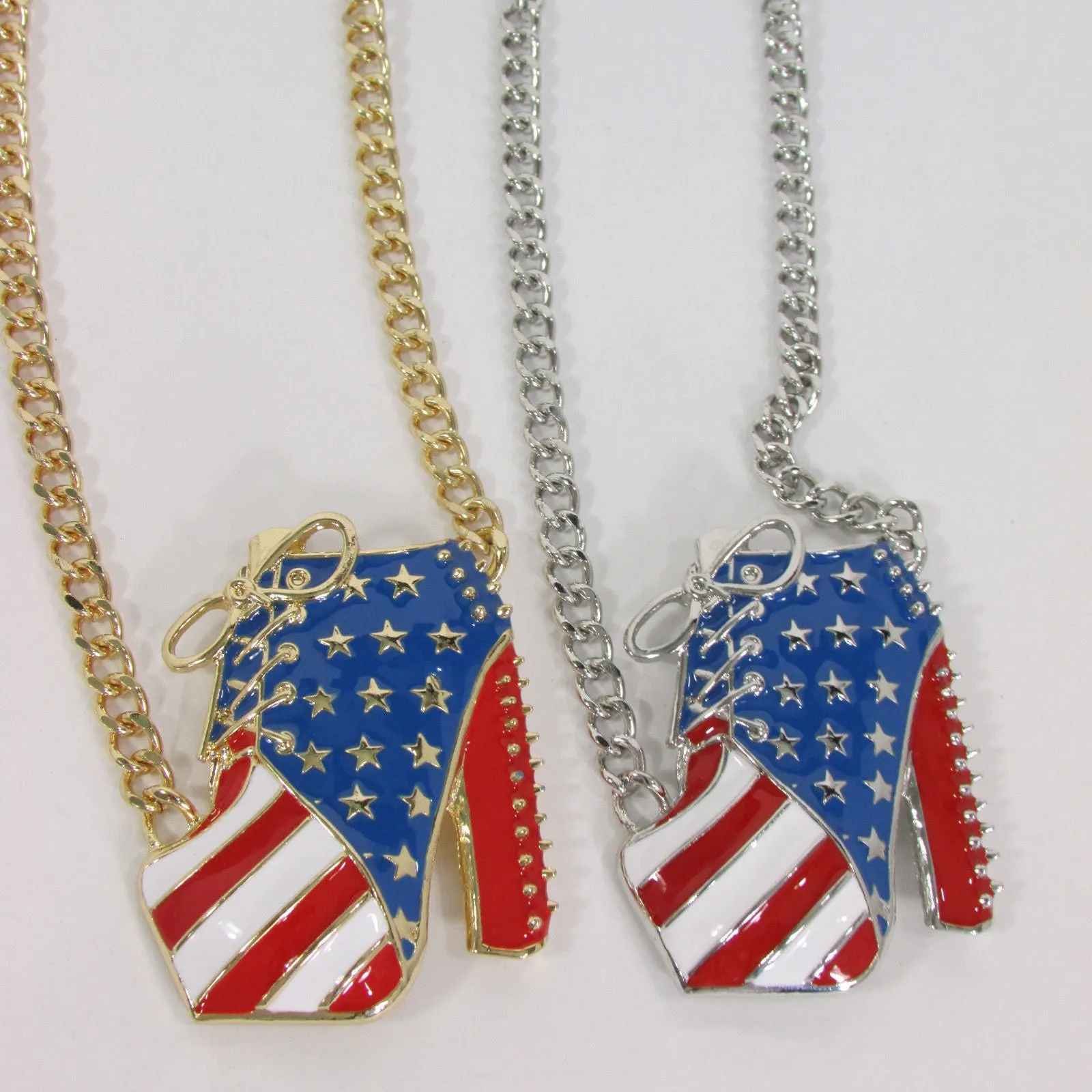 American USA Flag Patriotic Large Bootie Charm Short Necklace