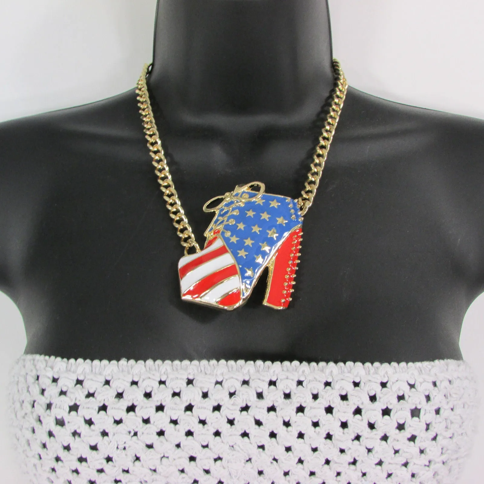 American USA Flag Patriotic Large Bootie Charm Short Necklace