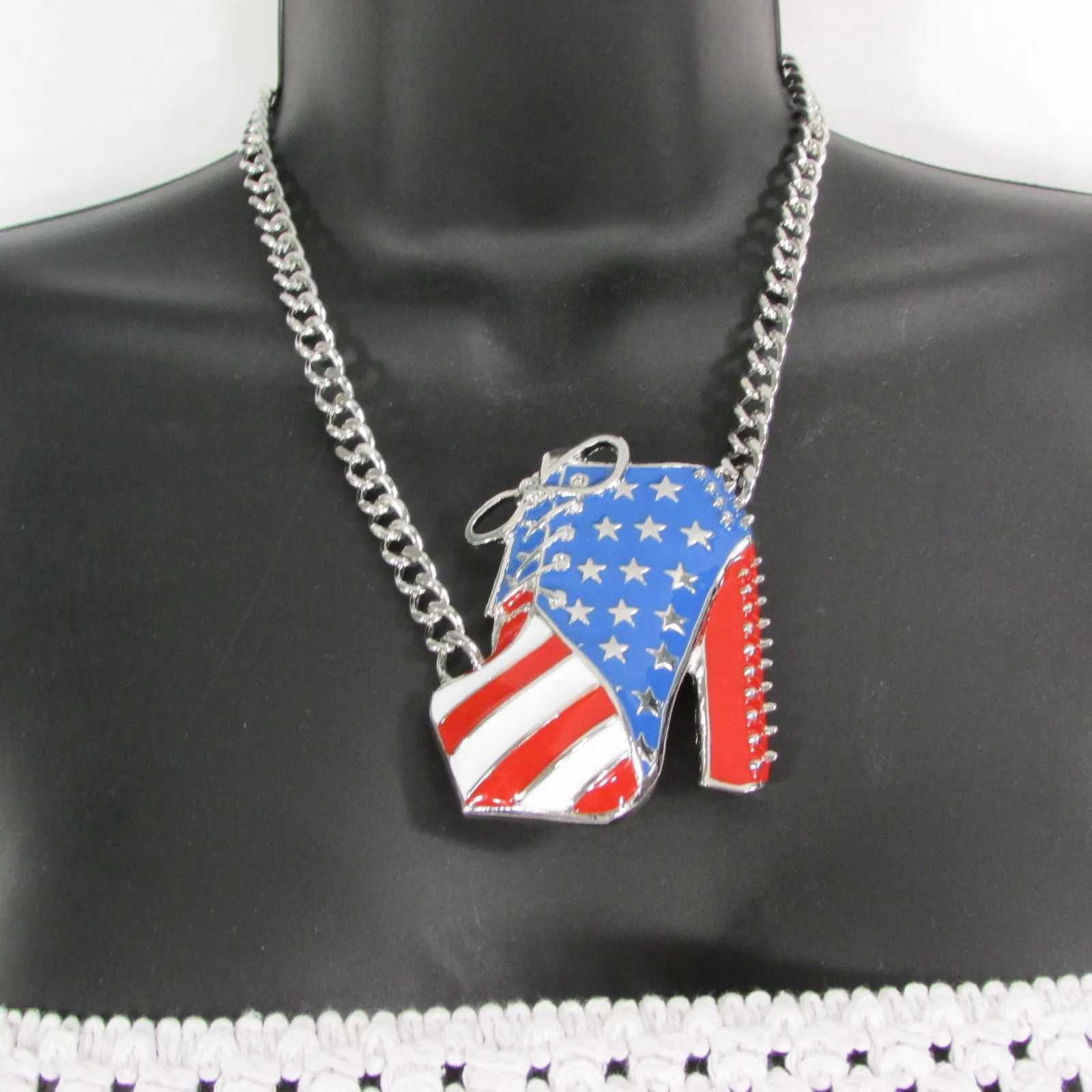 American USA Flag Patriotic Large Bootie Charm Short Necklace