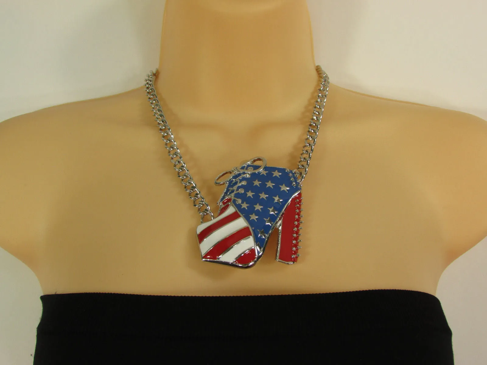 American USA Flag Patriotic Large Bootie Charm Short Necklace