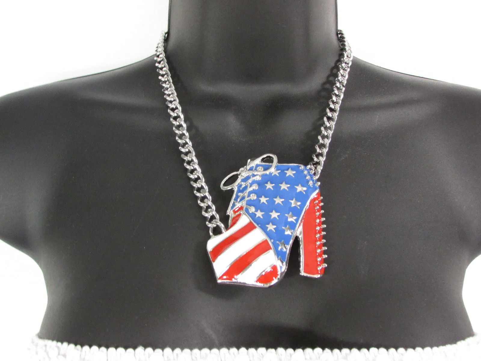 American USA Flag Patriotic Large Bootie Charm Short Necklace