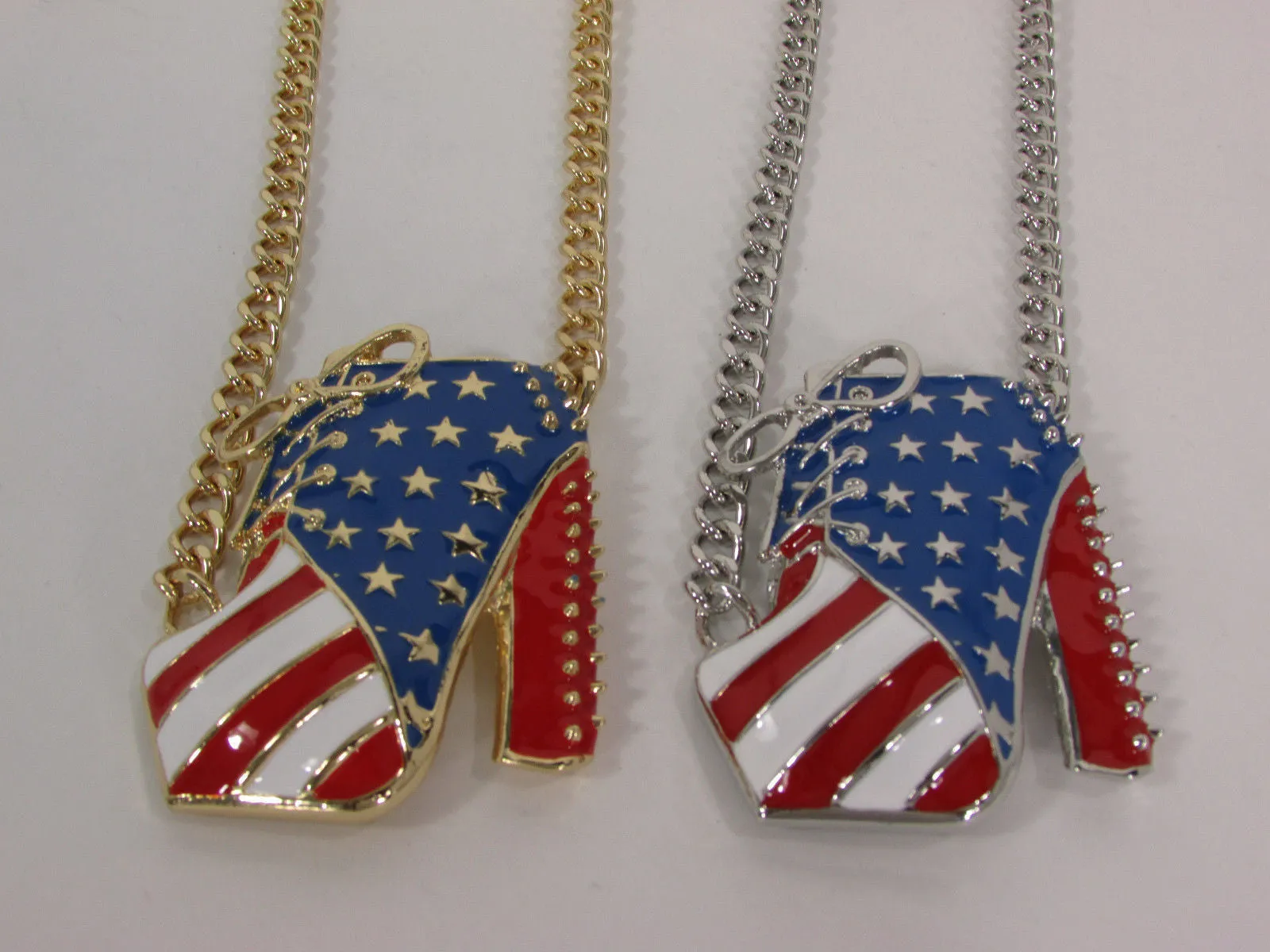 American USA Flag Patriotic Large Bootie Charm Short Necklace