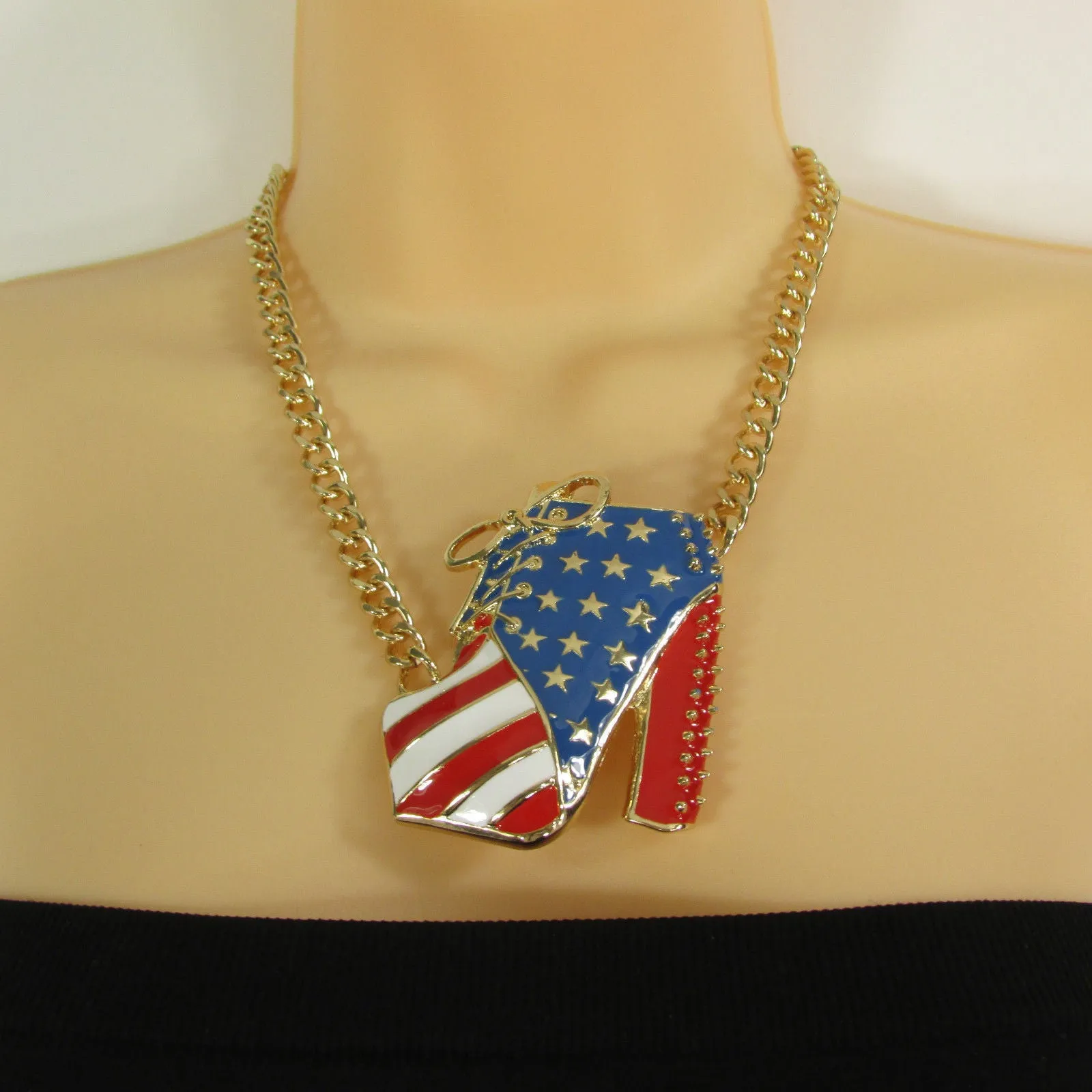 American USA Flag Patriotic Large Bootie Charm Short Necklace