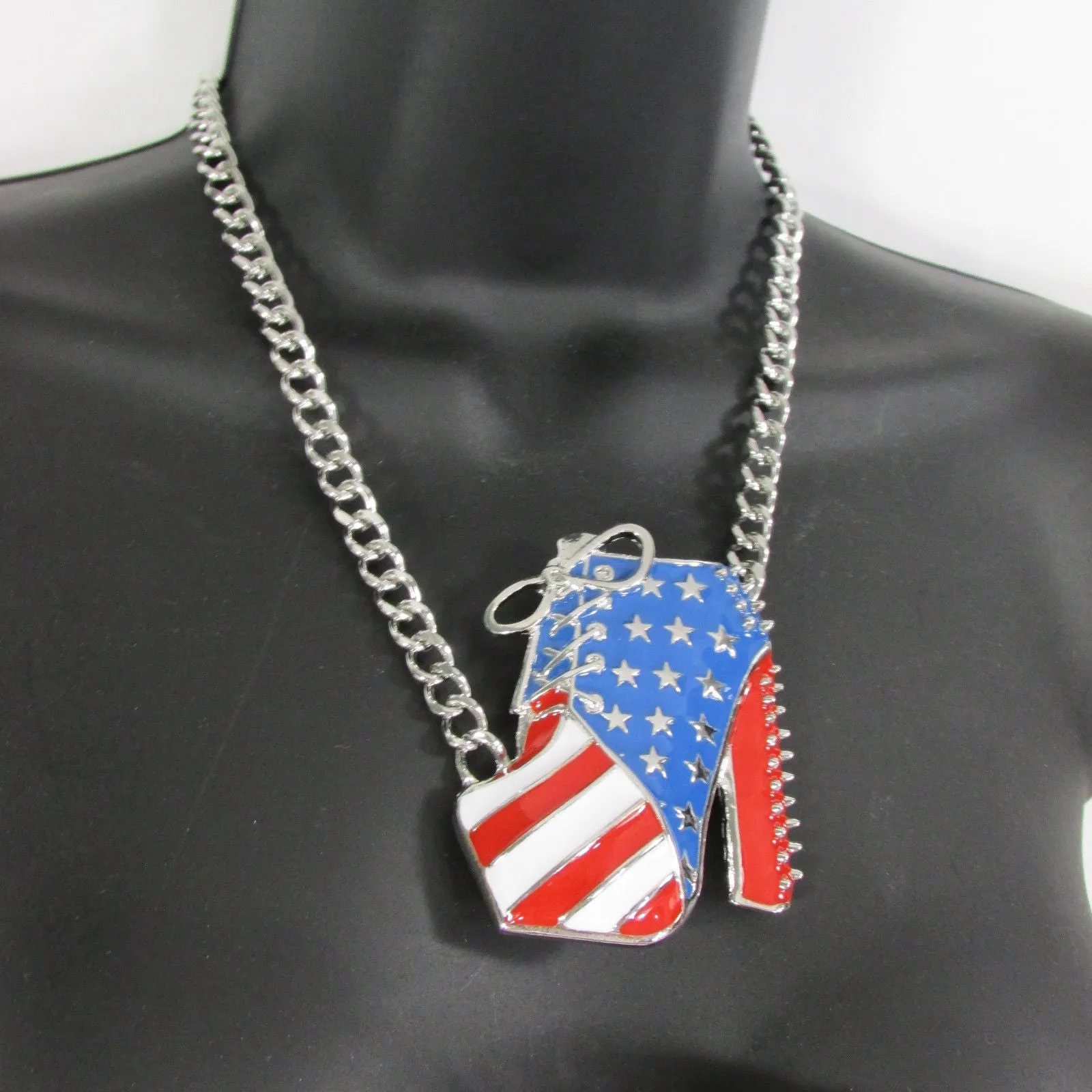 American USA Flag Patriotic Large Bootie Charm Short Necklace