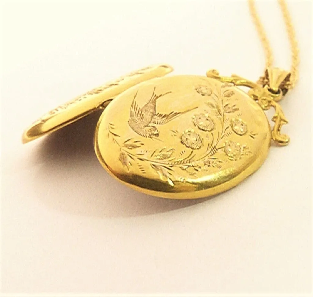 Antique Hallmarked Solid Gold Swallow Locket Glasgow Assayed 1910 W H Collins & Co. With 18 Inch Necklace