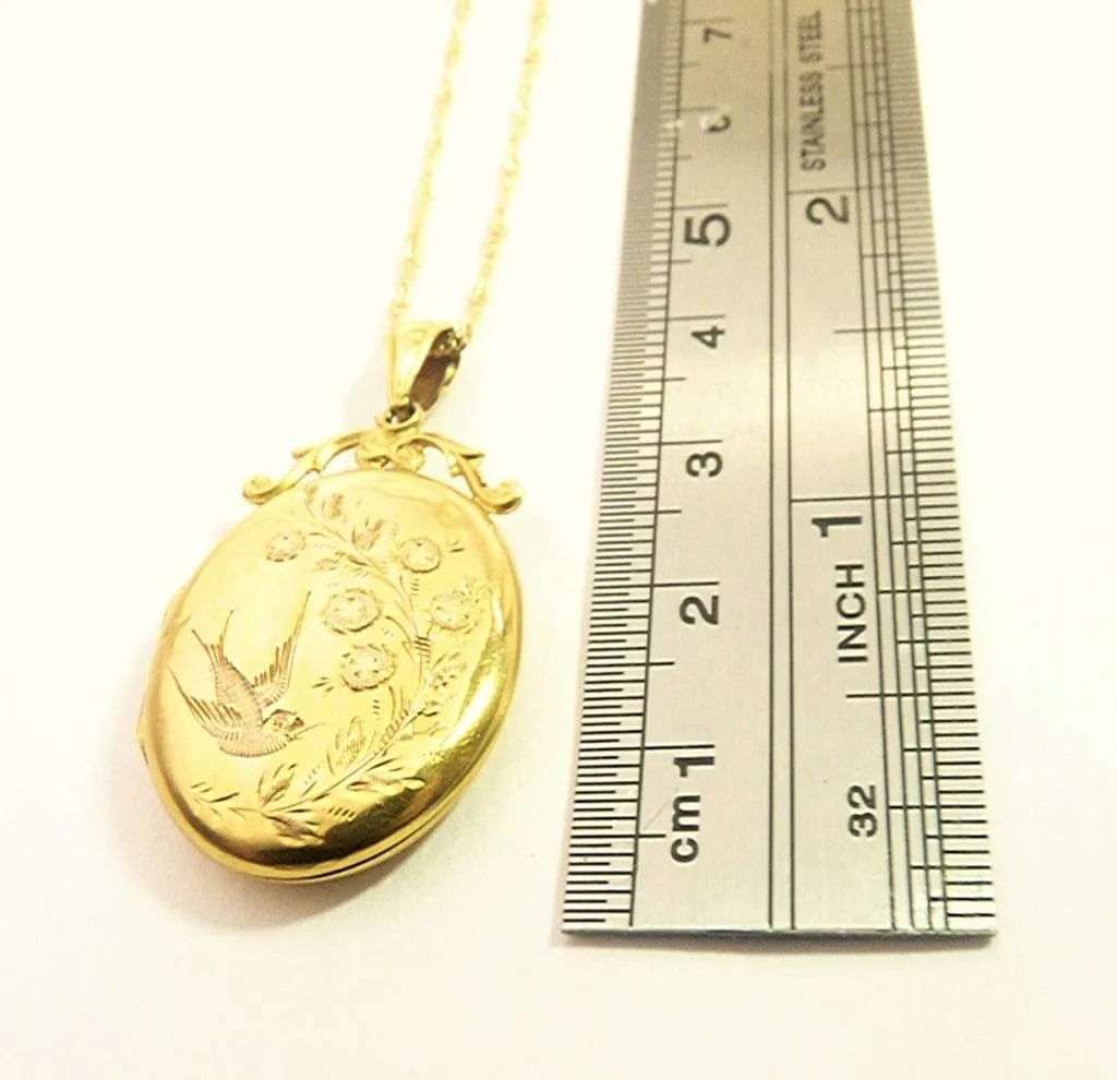 Antique Hallmarked Solid Gold Swallow Locket Glasgow Assayed 1910 W H Collins & Co. With 18 Inch Necklace