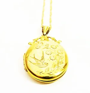 Antique Hallmarked Solid Gold Swallow Locket Glasgow Assayed 1910 W H Collins & Co. With 18 Inch Necklace