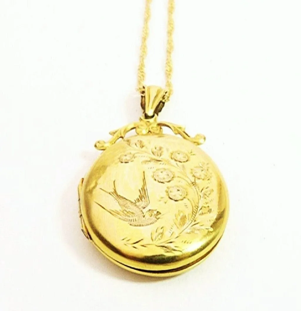 Antique Hallmarked Solid Gold Swallow Locket Glasgow Assayed 1910 W H Collins & Co. With 18 Inch Necklace
