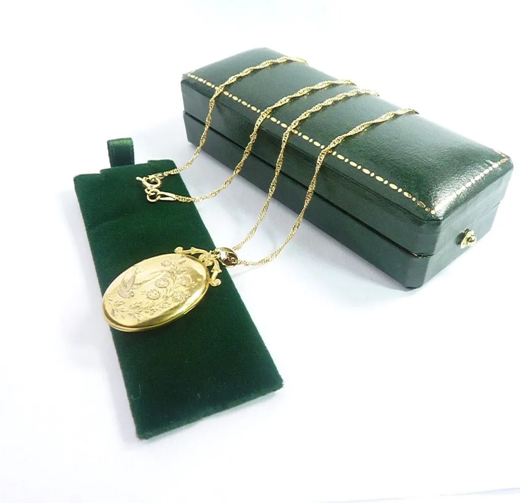 Antique Hallmarked Solid Gold Swallow Locket Glasgow Assayed 1910 W H Collins & Co. With 18 Inch Necklace