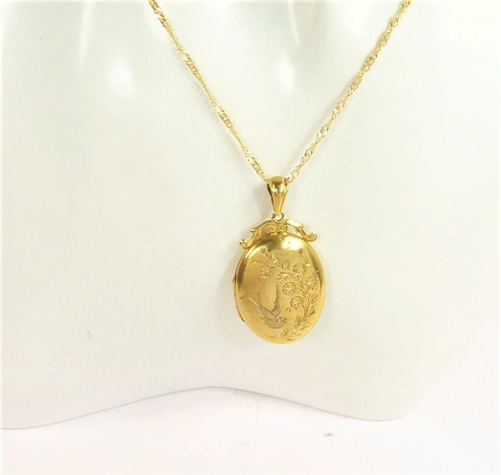 Antique Hallmarked Solid Gold Swallow Locket Glasgow Assayed 1910 W H Collins & Co. With 18 Inch Necklace