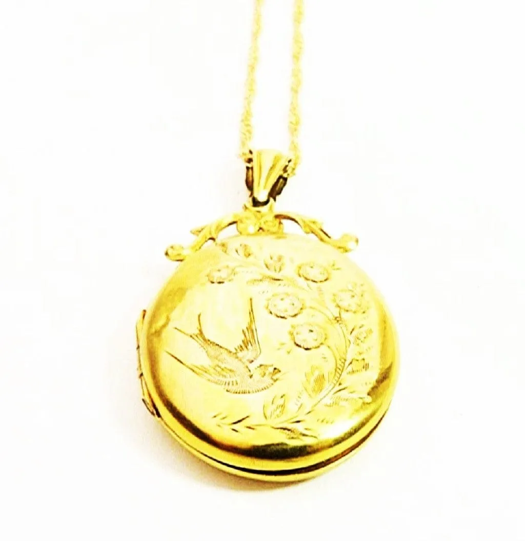 Antique Hallmarked Solid Gold Swallow Locket Glasgow Assayed 1910 W H Collins & Co. With 18 Inch Necklace