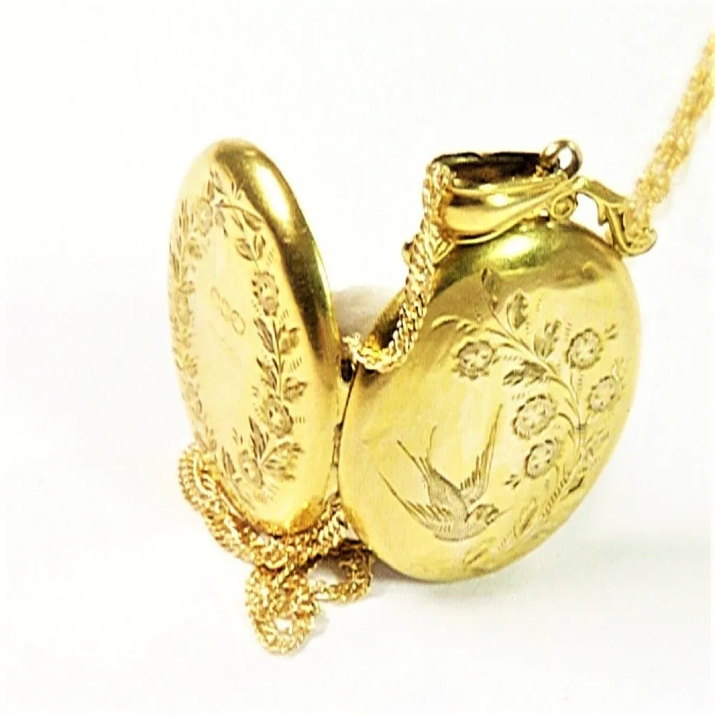 Antique Hallmarked Solid Gold Swallow Locket Glasgow Assayed 1910 W H Collins & Co. With 18 Inch Necklace