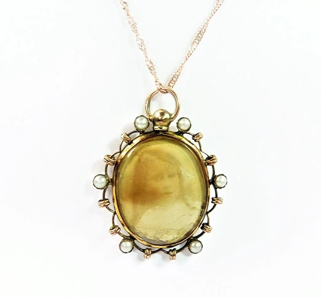 Antique Solid Gold Hallmarked Seed Pearl Locket With Original Photographs 1904 And Necklace