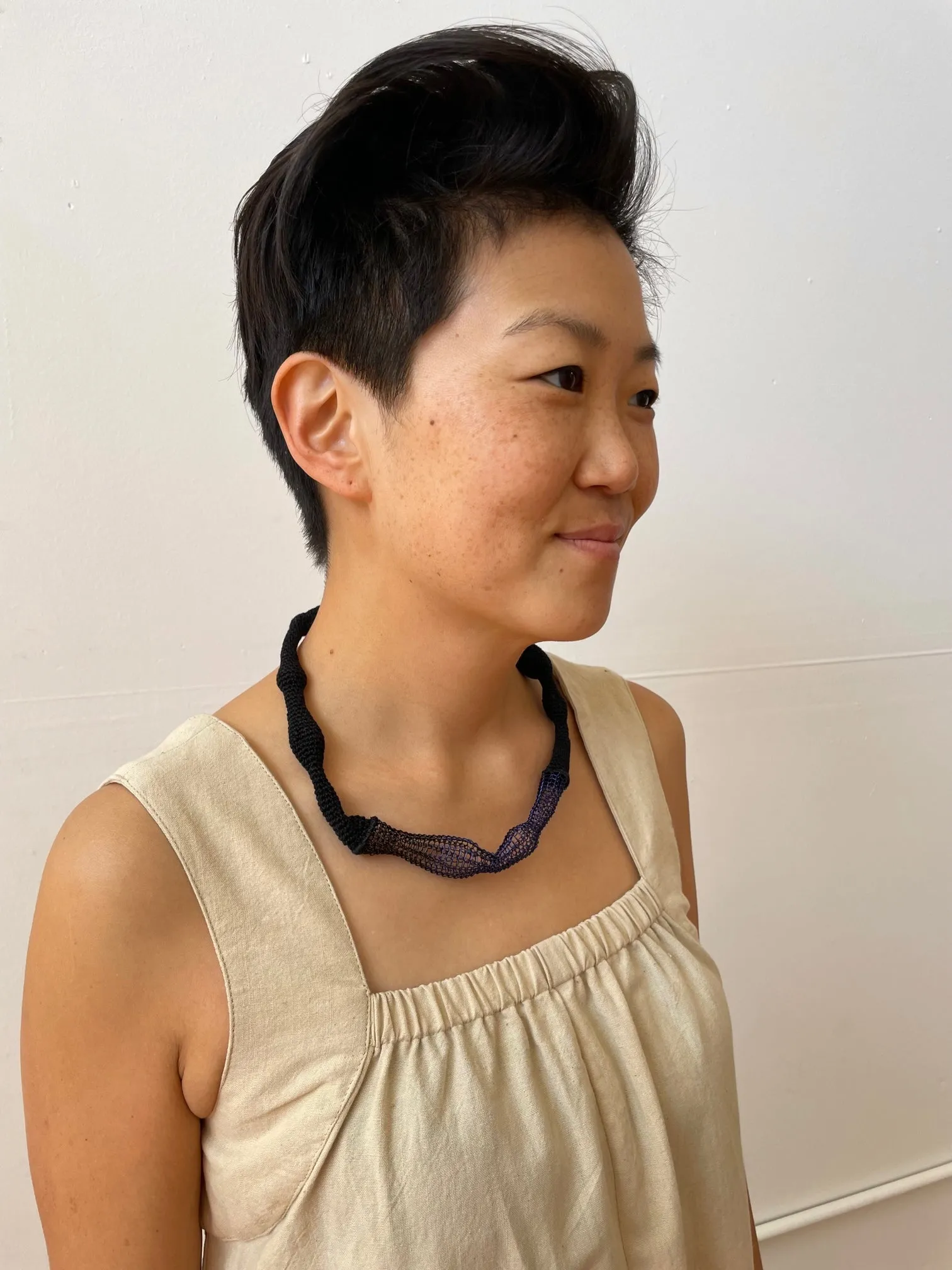 Blue Accent Wave Necklace - Cotton & Metal