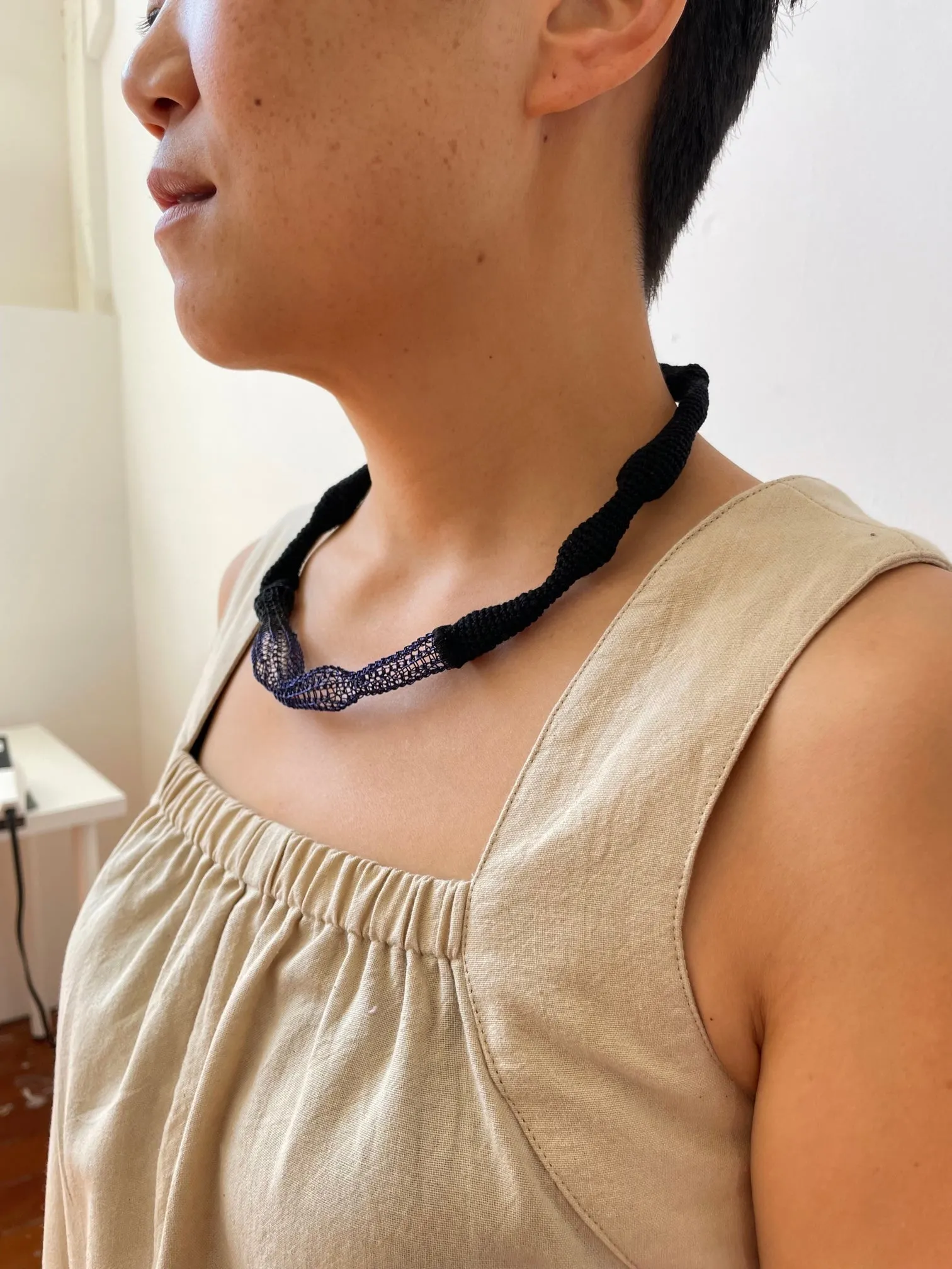 Blue Accent Wave Necklace - Cotton & Metal