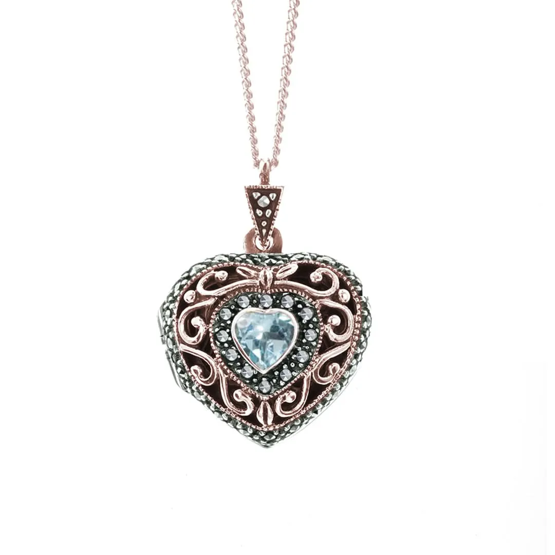 Blue Topaz Vintage Heart Locket | Rose Gold