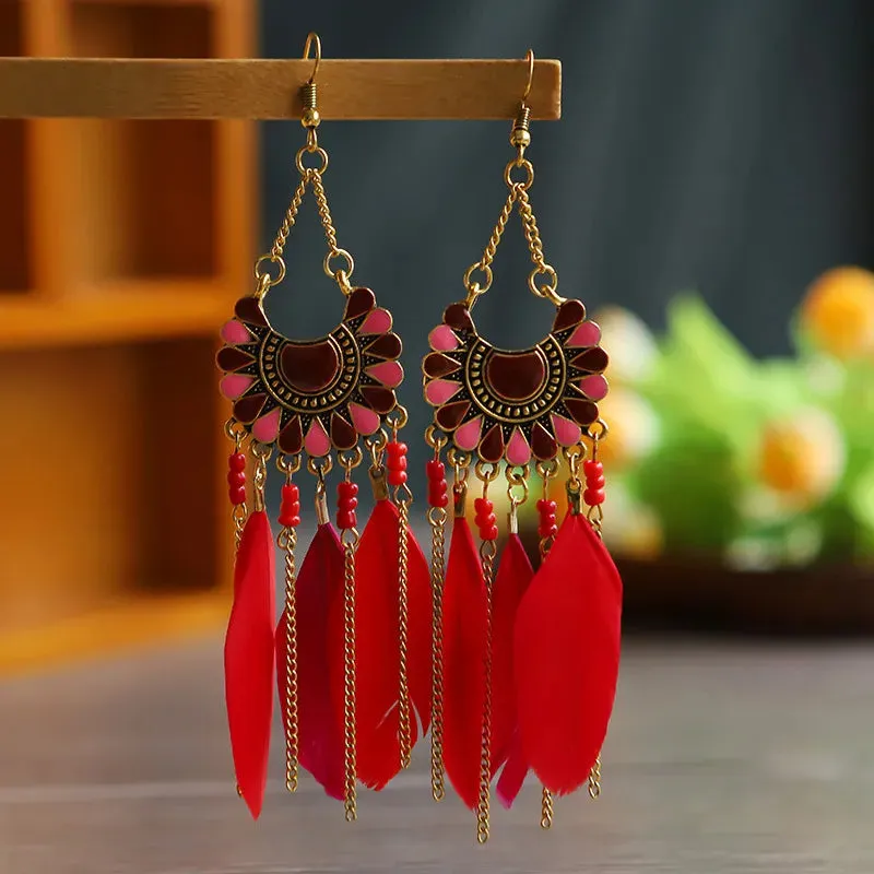 Bohemian Colorful Long Feather Earrings For Women