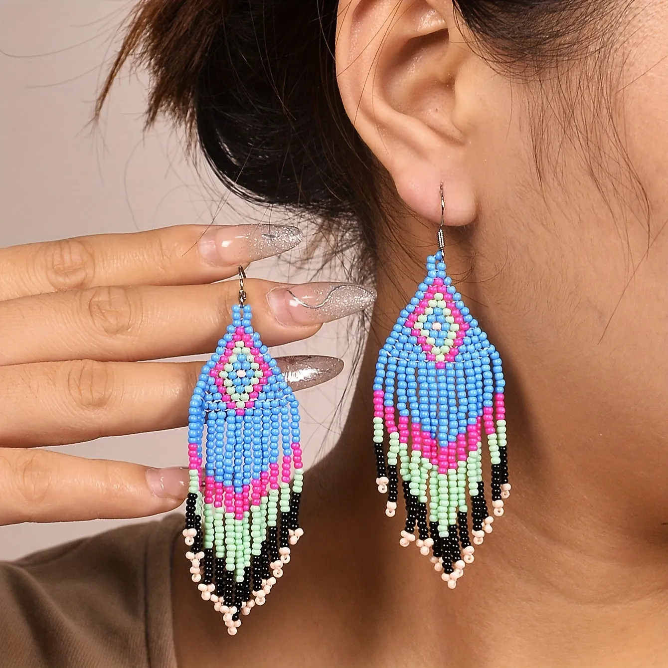 Boho Beaded Tassel Dangle Earrings
