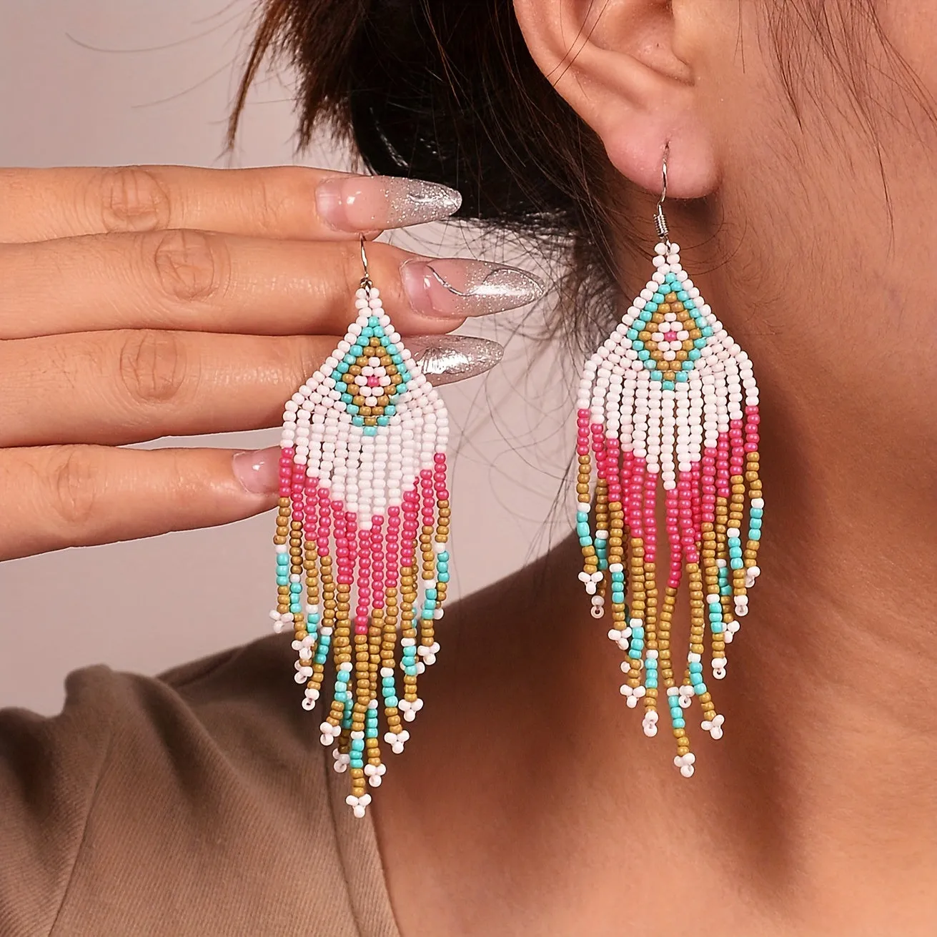 Boho Beaded Tassel Dangle Earrings