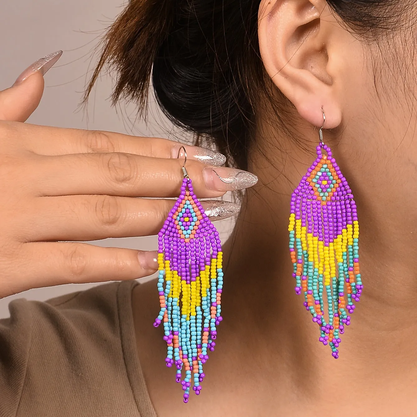 Boho Beaded Tassel Dangle Earrings