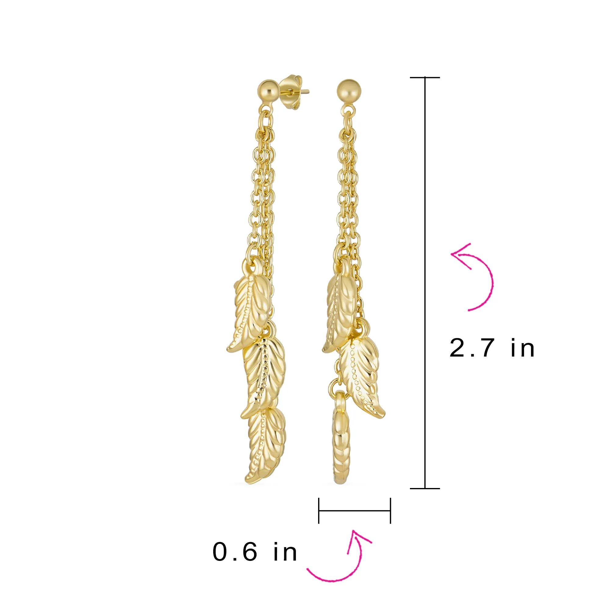 Boho Native American Style Dangle Earrings with Feather Leaf Charms Gold Plated