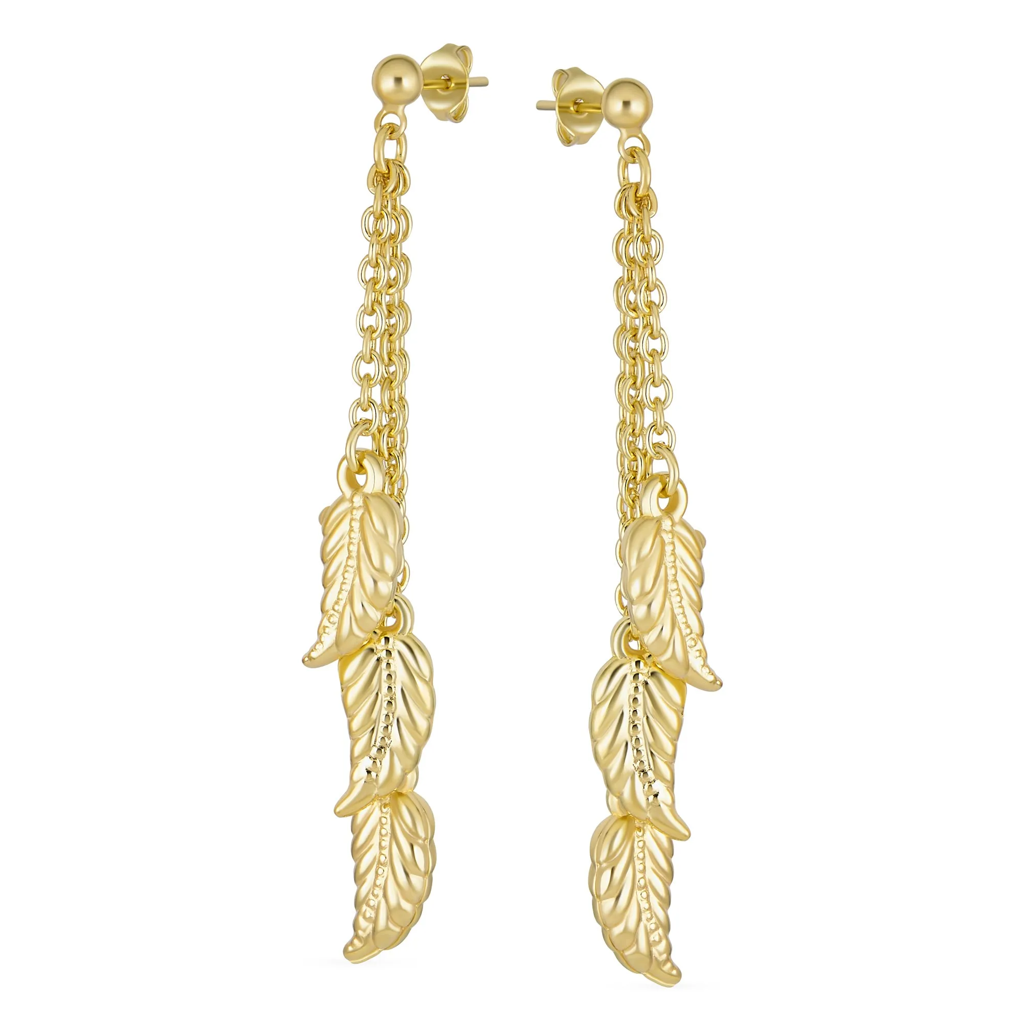 Boho Native American Style Dangle Earrings with Feather Leaf Charms Gold Plated