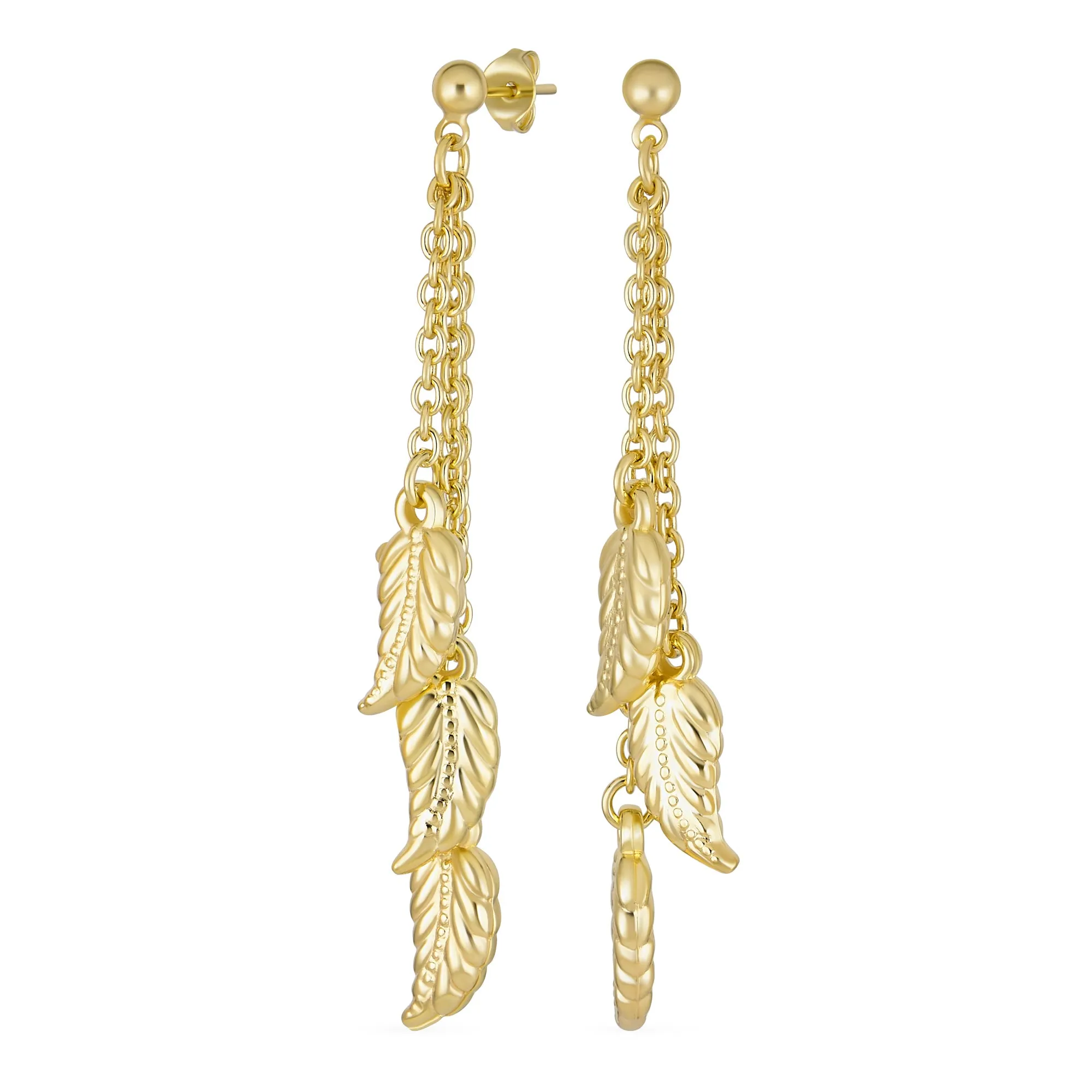 Boho Native American Style Dangle Earrings with Feather Leaf Charms Gold Plated
