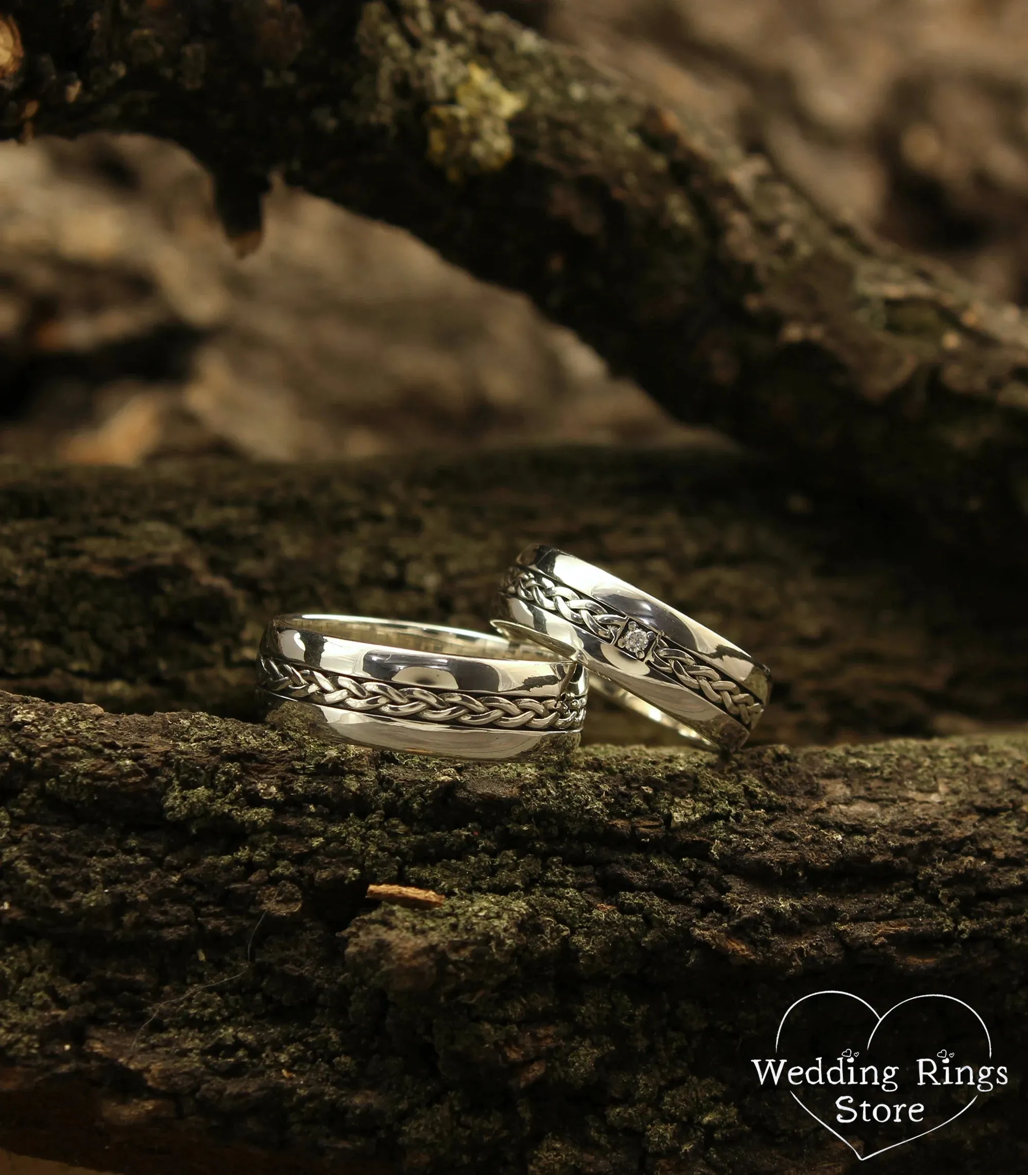 Braided Rope & Diamond Silver Couple Wedding Bands Set