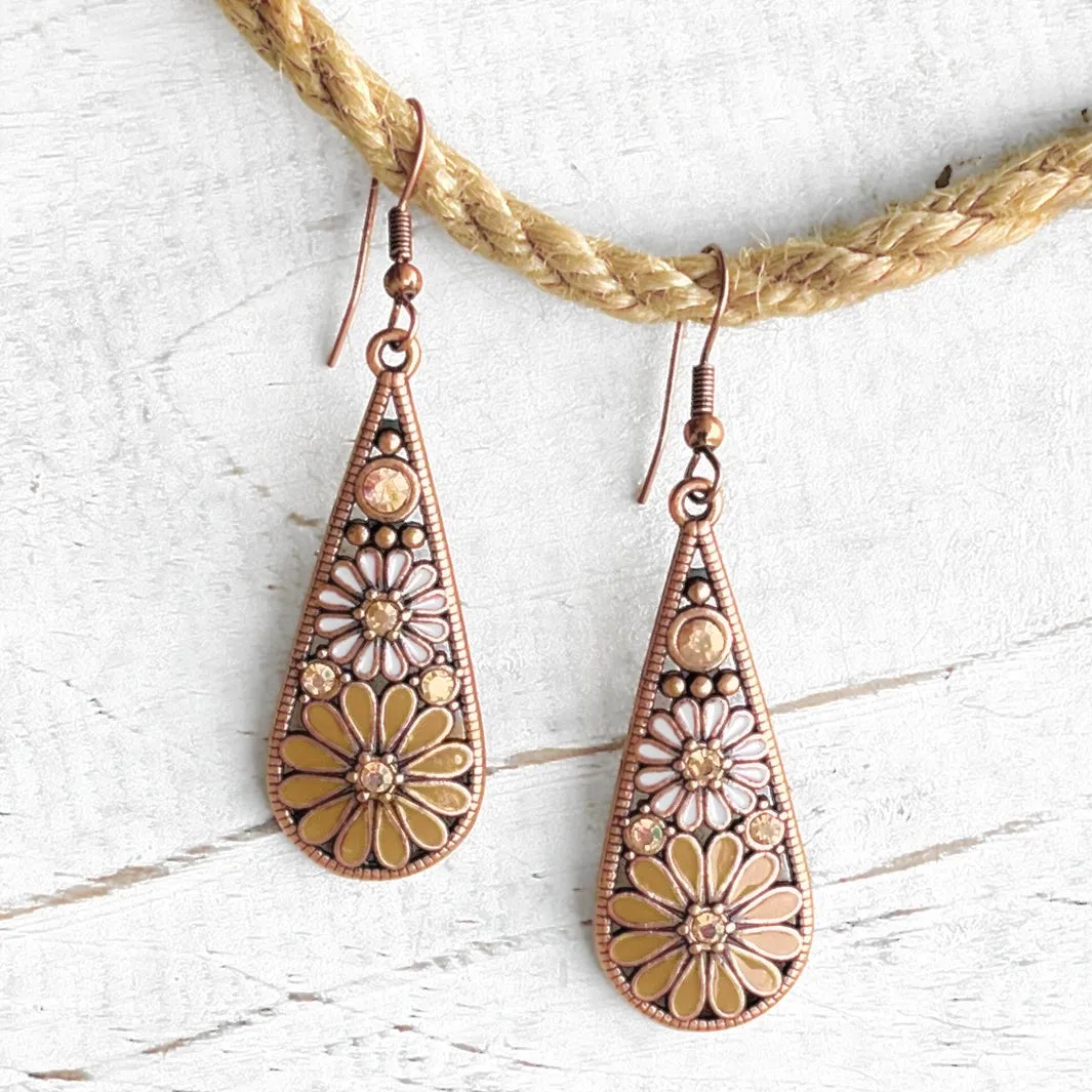 Brown Boho Brass Diamante Flower Earrings
