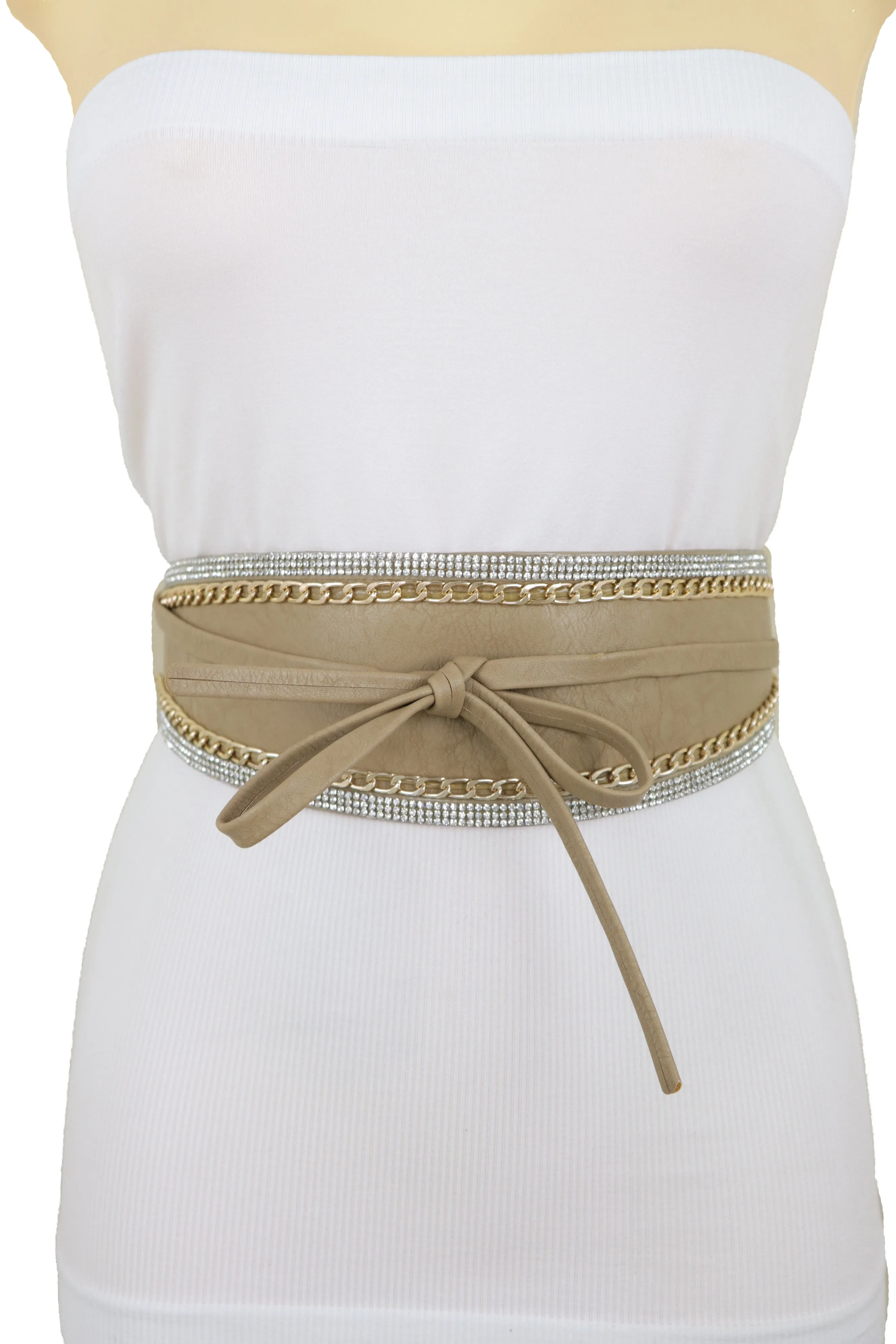 Caramel Beige Wrap Around Wide Waistband Tie Kimono Style Belt Size S M