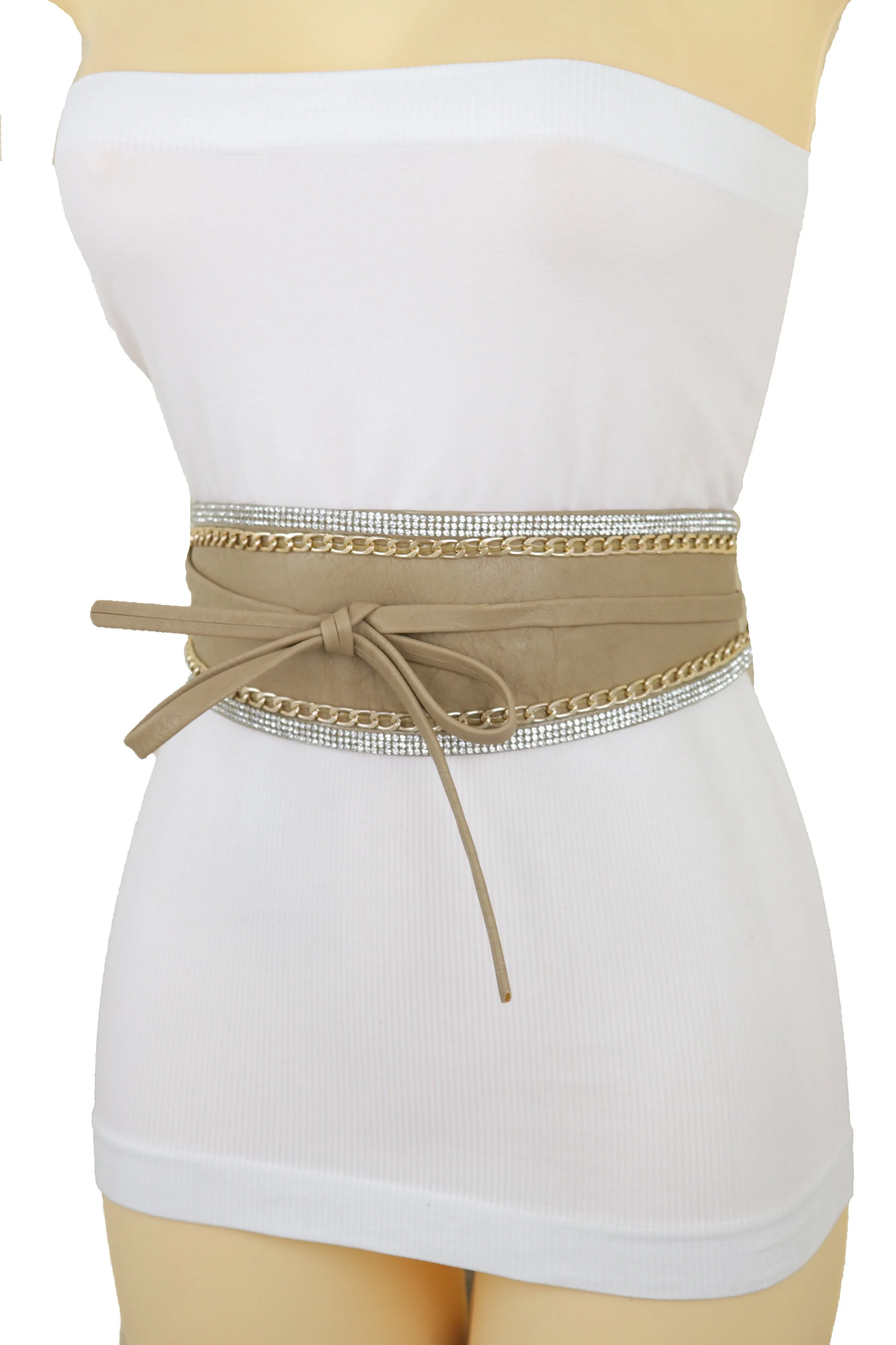Caramel Beige Wrap Around Wide Waistband Tie Kimono Style Belt Size S M
