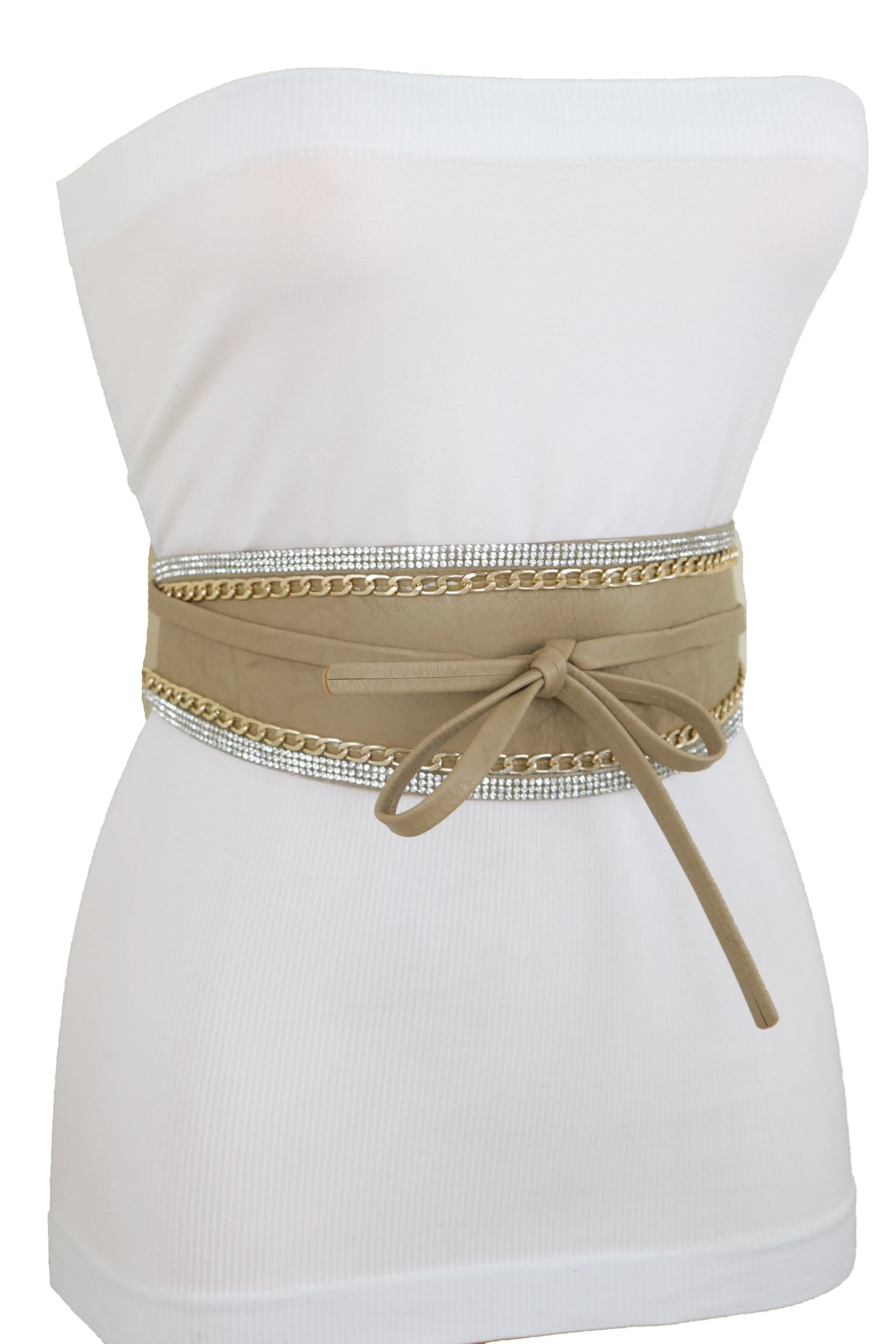 Caramel Beige Wrap Around Wide Waistband Tie Kimono Style Belt Size S M