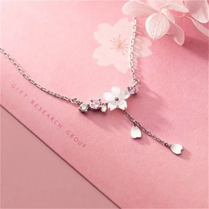 Cherry Flower Shell Long Tassel Necklace Sweet Heart Pendant