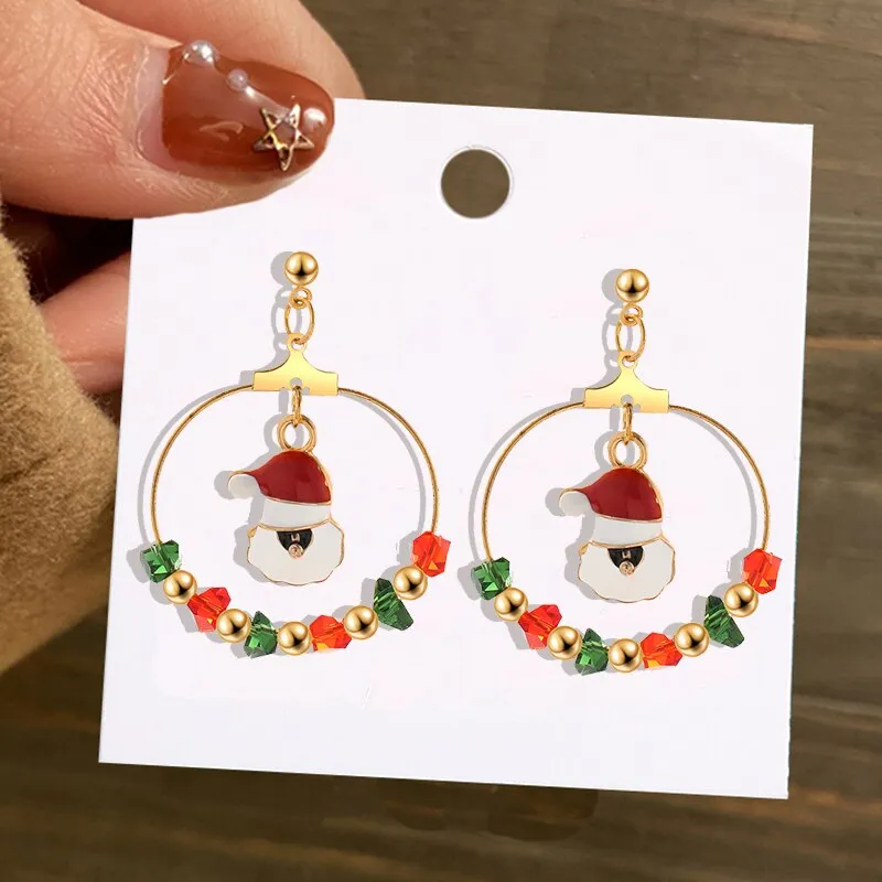 Christmas Circle Round Heart Deer Elk Pendant Earrings for Women Creative Festival Dangle Earrings Jewelry Accessories