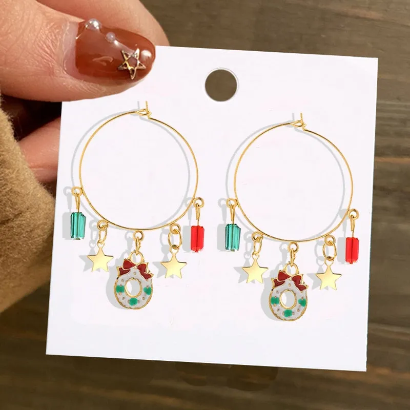 Christmas Circle Round Heart Deer Elk Pendant Earrings for Women Creative Festival Dangle Earrings Jewelry Accessories