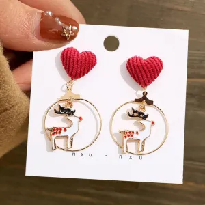Christmas Circle Round Heart Deer Elk Pendant Earrings for Women Creative Festival Dangle Earrings Jewelry Accessories