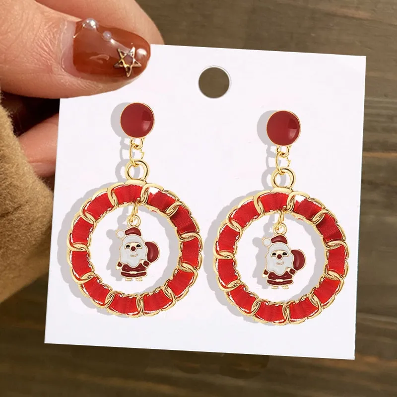 Christmas Circle Round Heart Deer Elk Pendant Earrings for Women Creative Festival Dangle Earrings Jewelry Accessories