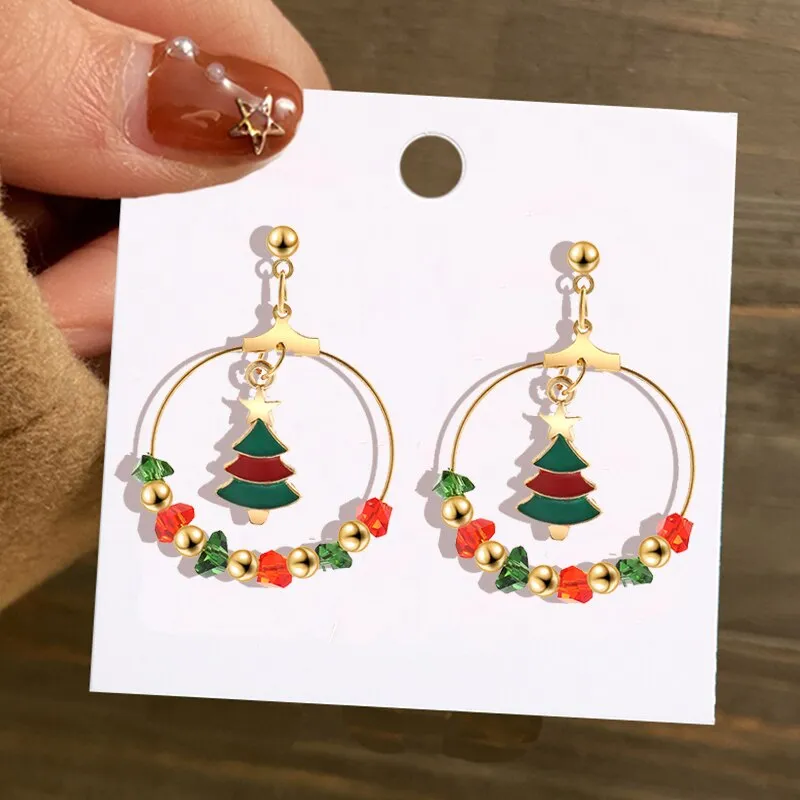Christmas Circle Round Heart Deer Elk Pendant Earrings for Women Creative Festival Dangle Earrings Jewelry Accessories