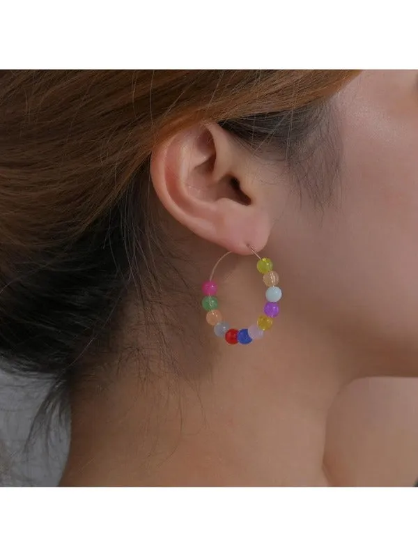 Color Block Bead Decor Hoop Earrings