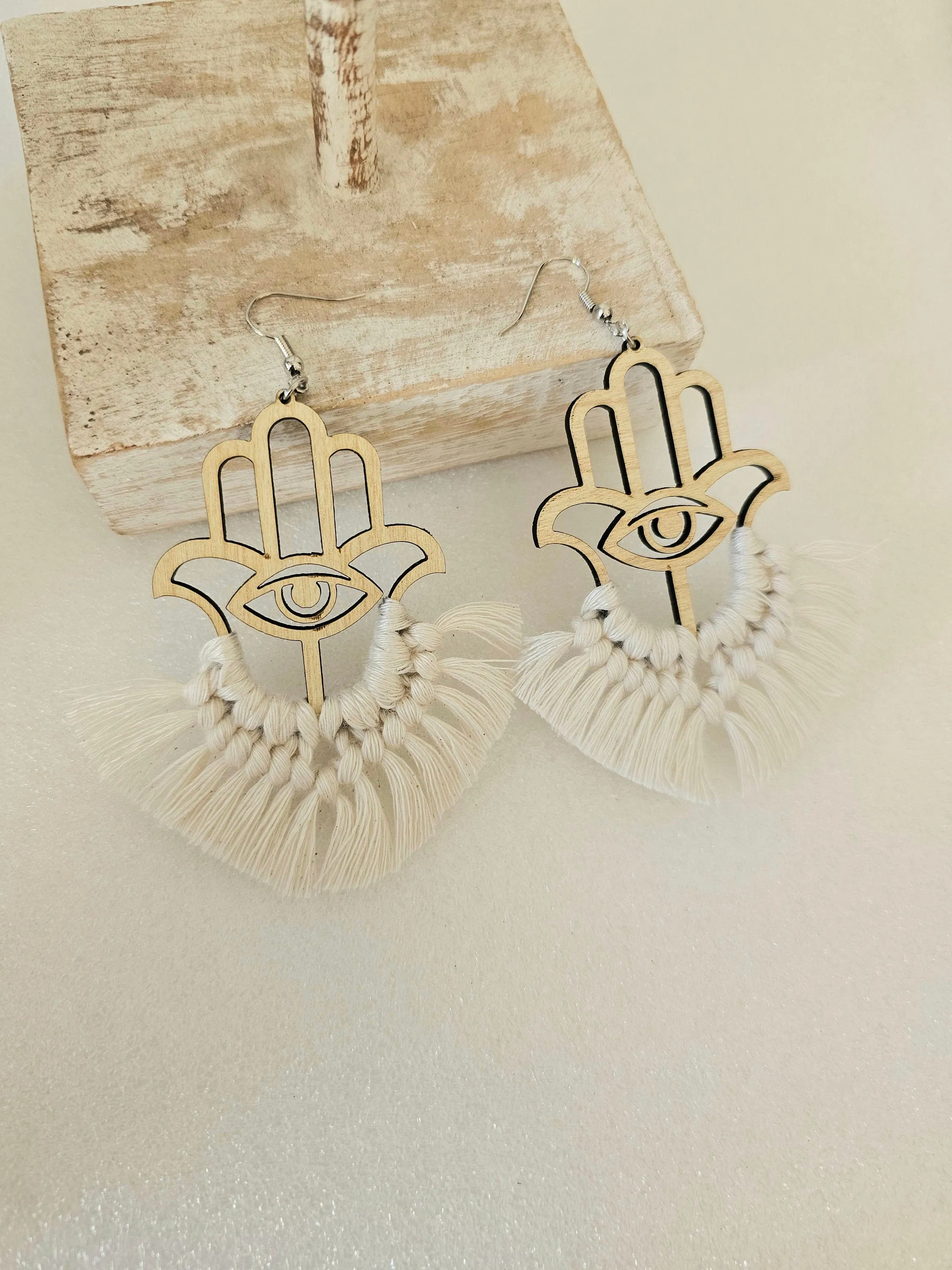 Cream Hasma evil eye Macrame Earrings