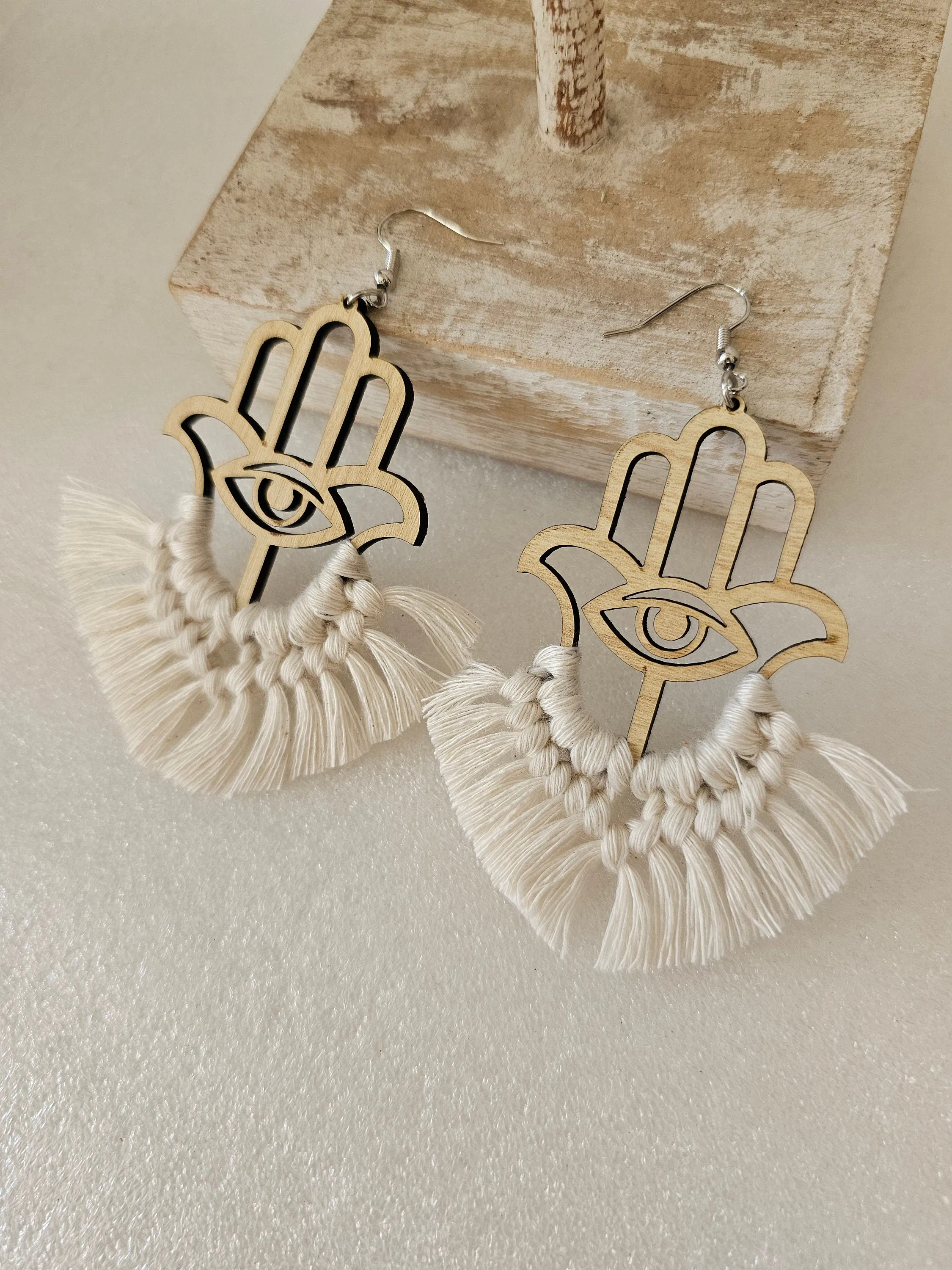 Cream Hasma evil eye Macrame Earrings