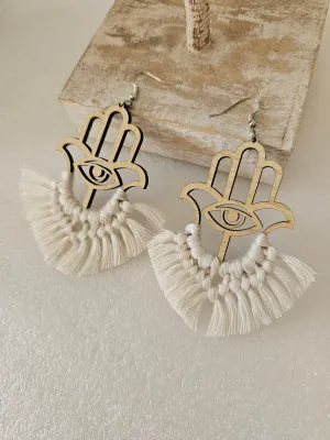 Cream Hasma evil eye Macrame Earrings