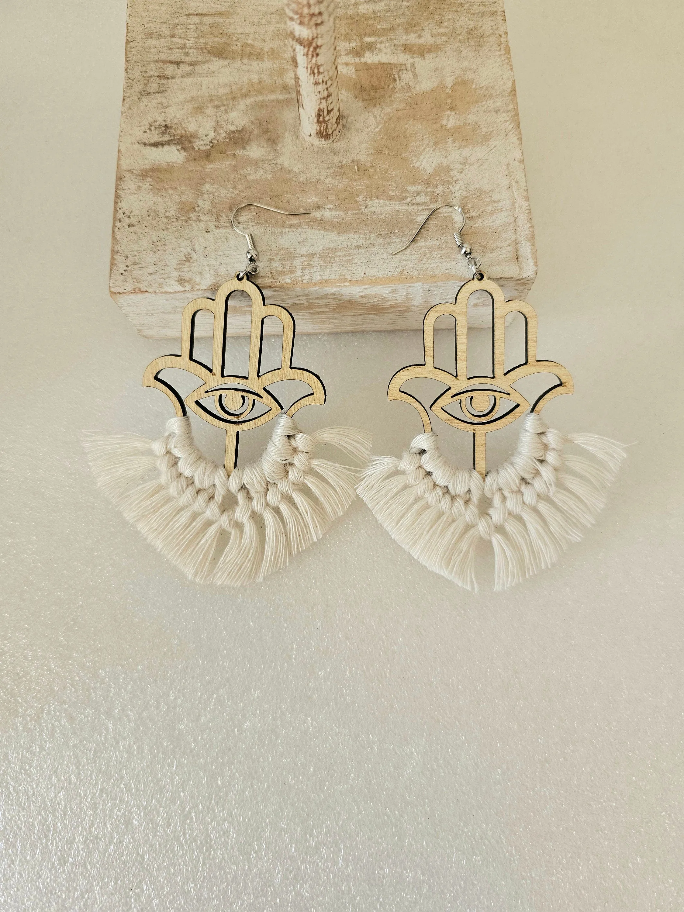Cream Hasma evil eye Macrame Earrings