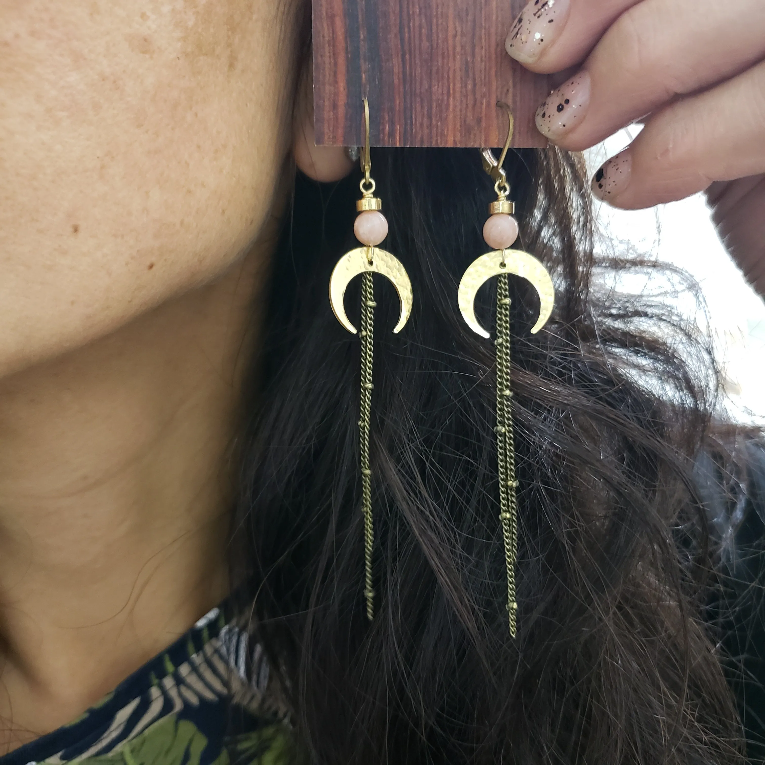 Crescent Moon Duster Earrings - Pink