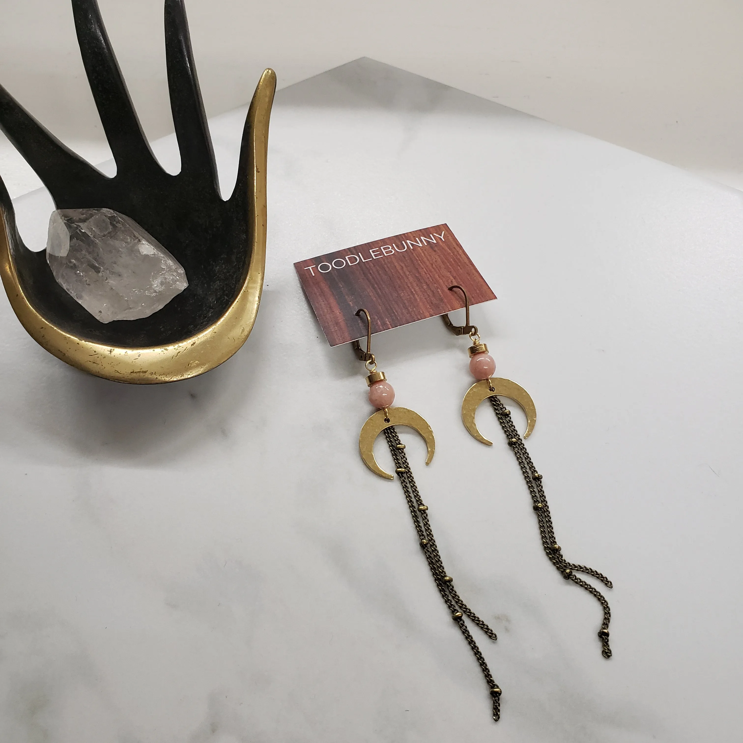 Crescent Moon Duster Earrings - Pink