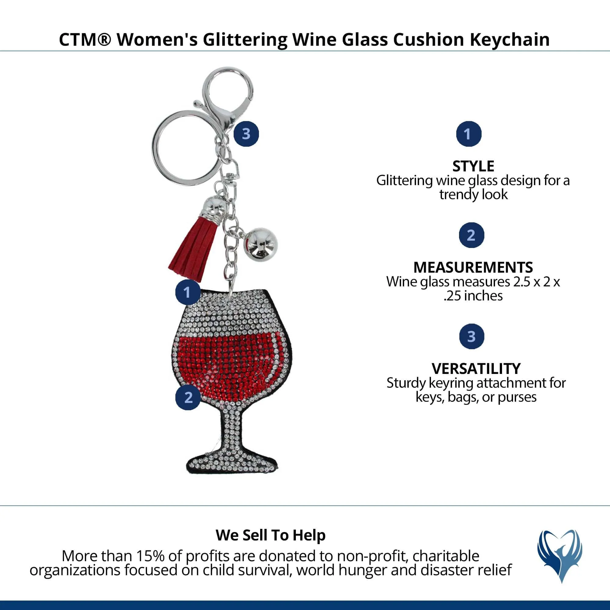 CTM® Women's Glittering Wine Glass Cushion Bag Charm