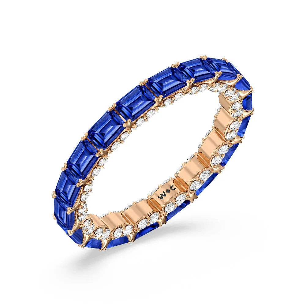 East-West Created Sapphire Emerald Split Prong Studded Gallery Eternity Ring