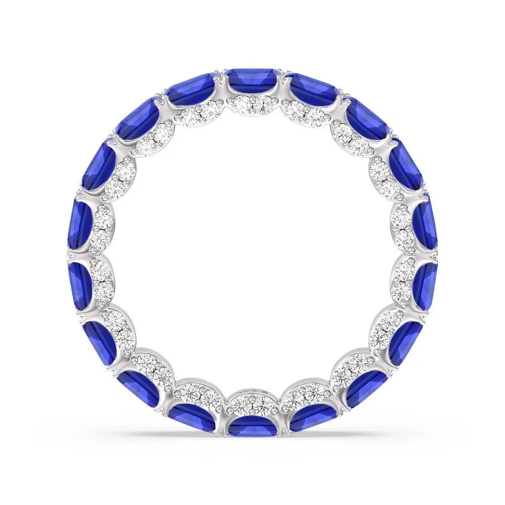 East-West Created Sapphire Emerald Split Prong Studded Gallery Eternity Ring