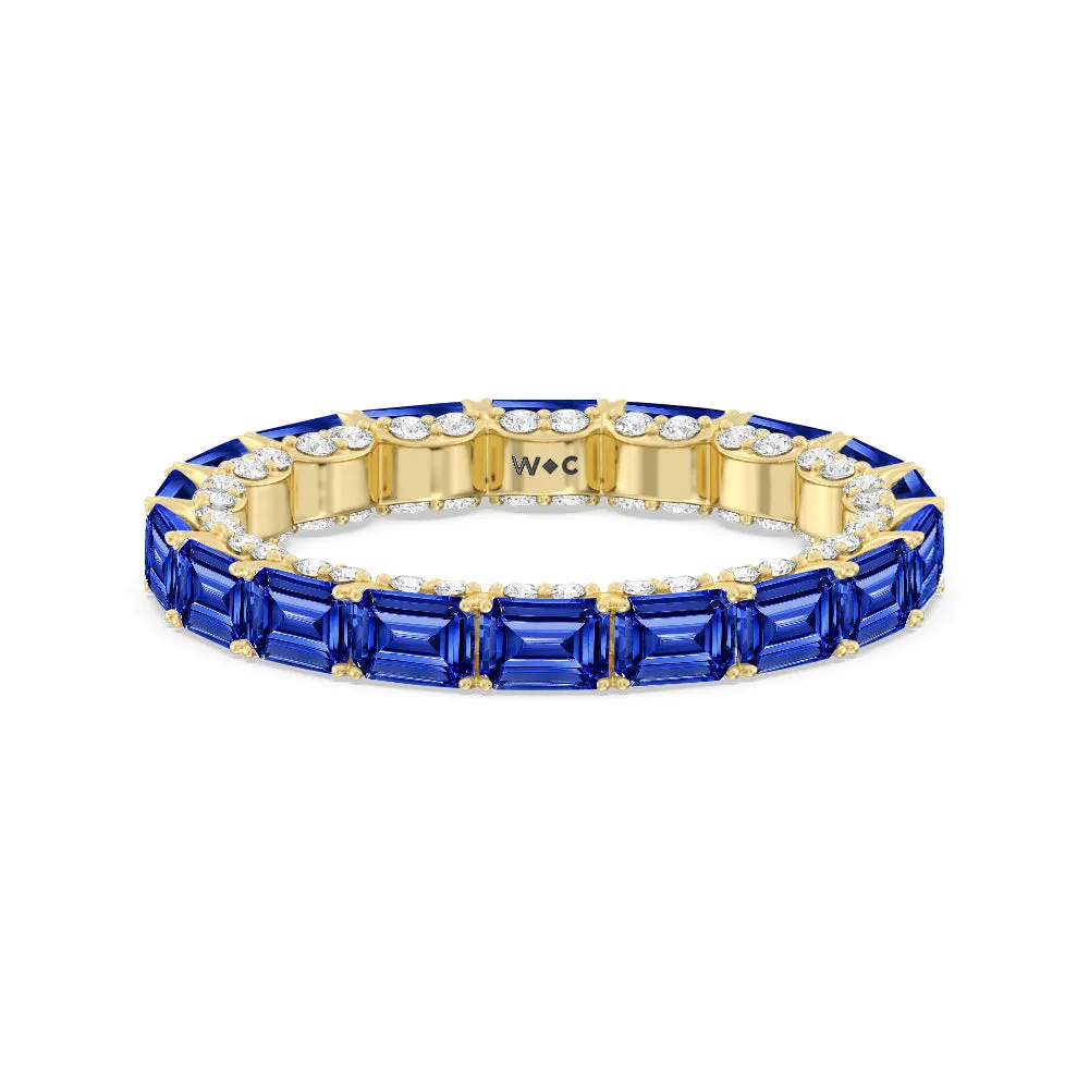 East-West Created Sapphire Emerald Split Prong Studded Gallery Eternity Ring